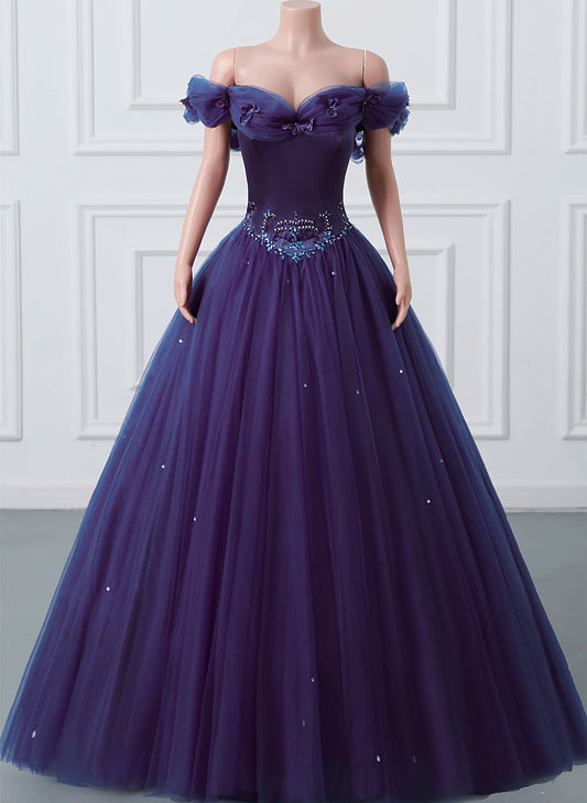 Purple Off-The-Shoulder Sweetheart Party Dress, Beaded Flowers Ball Gown Tulle Prom Dresses