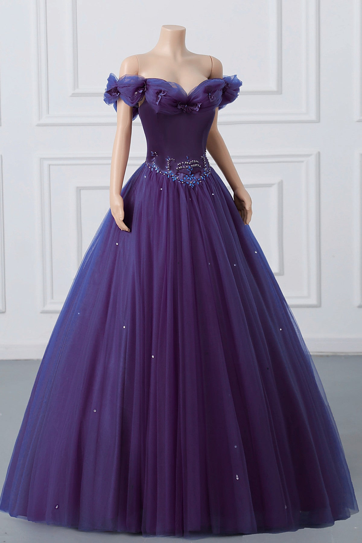 Purple Off-The-Shoulder Sweetheart Party Dress, Beaded Flowers Ball Gown Tulle Prom Dresses