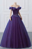 Purple Off-The-Shoulder Sweetheart Party Dress, Beaded Flowers Ball Gown Tulle Prom Dresses