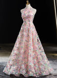 Pink Halter A-line Floral Lace Long Party Dress, Pink Low Back Prom Dress