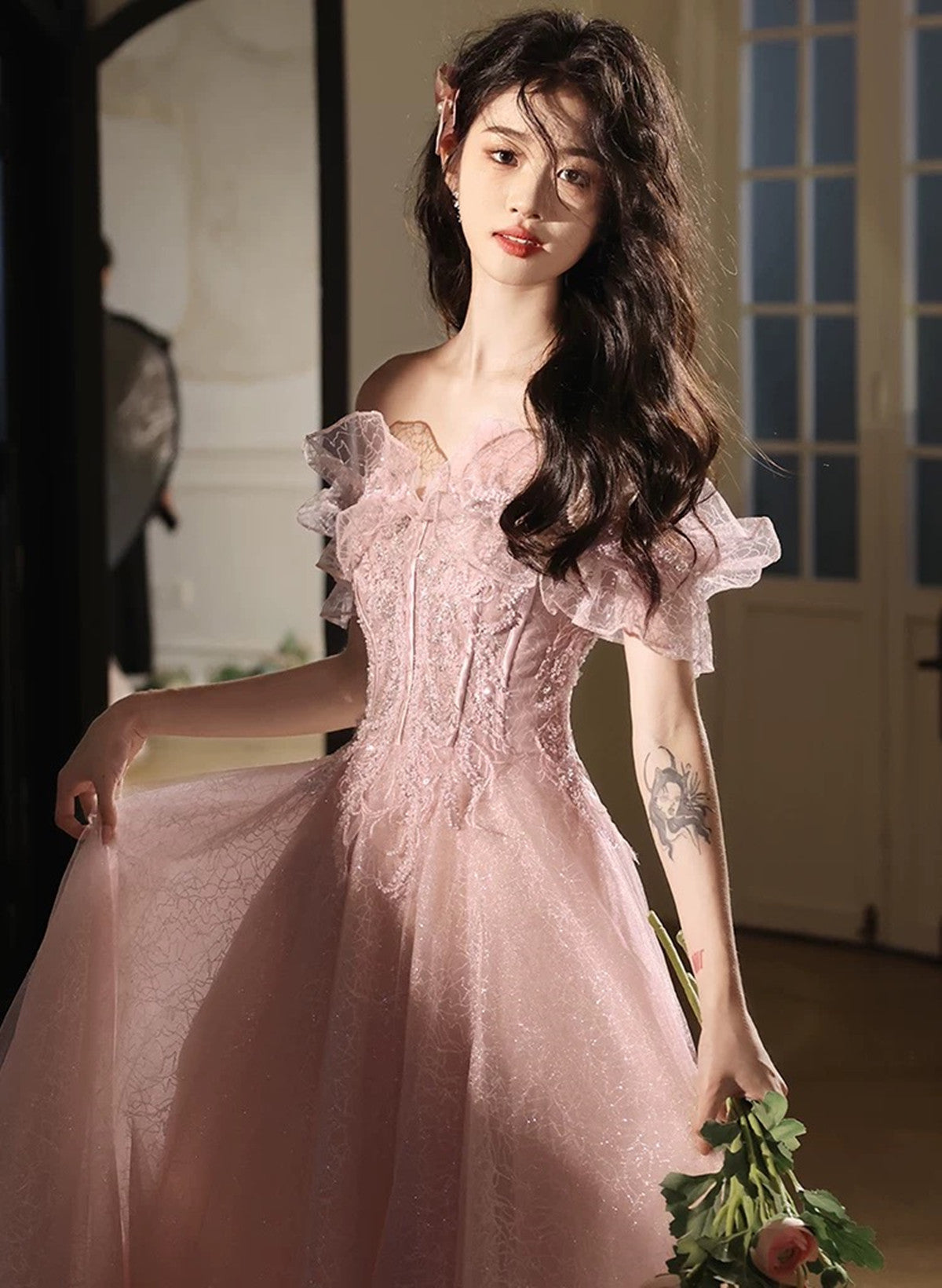 Pink Off Shoulder Tulle with Beaded Long Party Dress, Pink Tulle Prom Dress Formal Dress