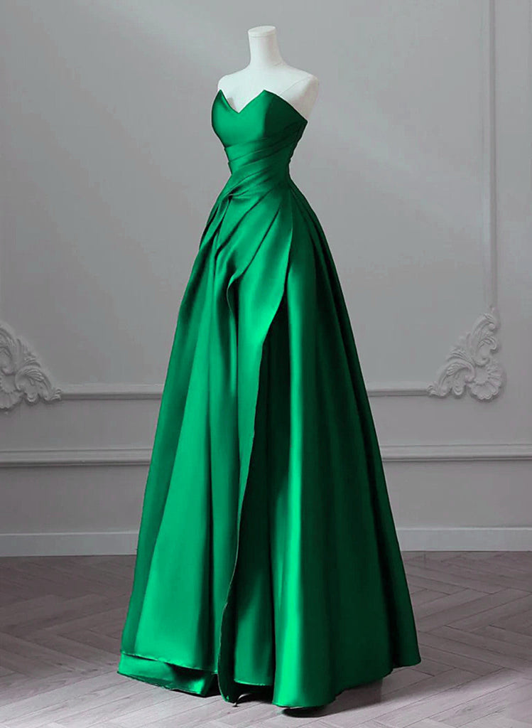A-line Green Satin Lace-up Floor Length Party Dress, Green Satin Prom