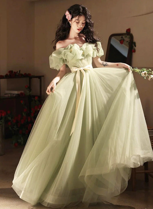 Green A-line Off Shoulder Tulle Prom Dress Party Dress, Green Tulle Prom Dress