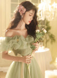 Green A-line Off Shoulder Tulle Prom Dress Party Dress, Green Tulle Prom Dress