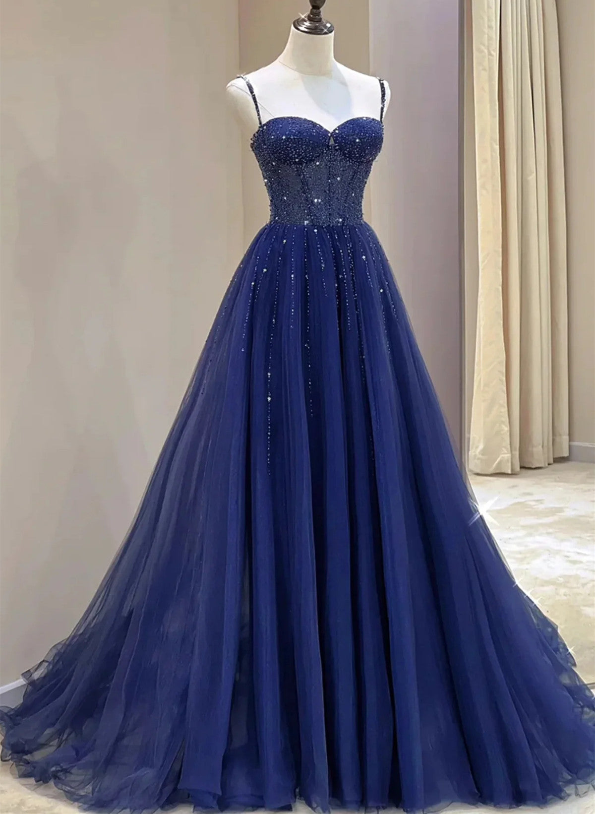 Blue Beaded Sweetheart Tulle A-line Prom Dress, Blue Long Party Dress