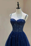 Blue Beaded Sweetheart Tulle A-line Prom Dress, Blue Long Party Dress