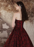 Black and Red Floral Sweetheart Floor Length Party Dress, Long Prom Dress