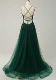 Green V-neckline Tulle with Lace Cross Back, Green Tulle Prom Dress