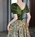 Chic Velvet Floral Short Sleeves Long Prom Dress, Green Sweetheart Party Dress