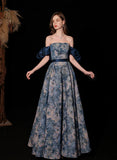 Blue Floral A-line Scoop Long Prom Dress Party Dress, Blue Simple Party Dress