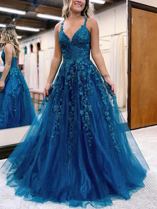 Blue Tulle with Lace Applique Straps Low Back Party Dress, Blue Prom Dress