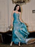 Blue Mermaid Long Sweetheart Floor Length Party Dress, Blue Satin Prom Dress