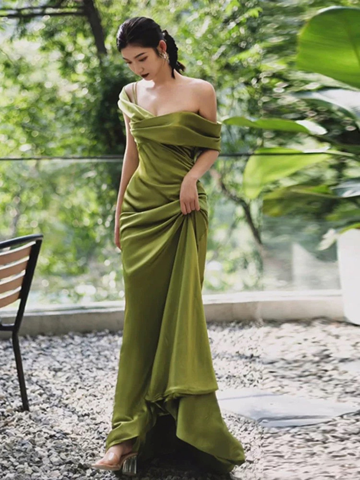 Green Soft Satin Off Shoulder Long Party Dress, Green Satin Evening Dress Prom Dress