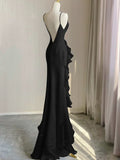 Black Round Neckline Low Back High Low Party Dress, Black Halter Prom Dress