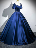 Blue Satin Beaded Short Sleeves Long Formal Dress, Blue Sweetheart Prom Dress