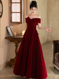 Lovely Wine Red Velvet A-line Off Shoulder Party Dress, Wine Red Velvet Prom Dress