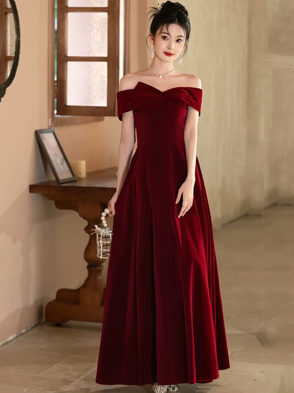 Lovely Wine Red Velvet A-line Off Shoulder Party Dress, Wine Red Velvet Prom Dress