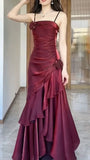 Vintage Square Neckline Wine Red Party Dress, Wine Red Spaghetti Straps Prom Dress