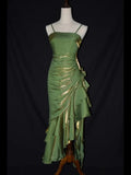 Cute Green Straps High Low Satin Chic Party Dress, Green Prom Dress Evening Dress