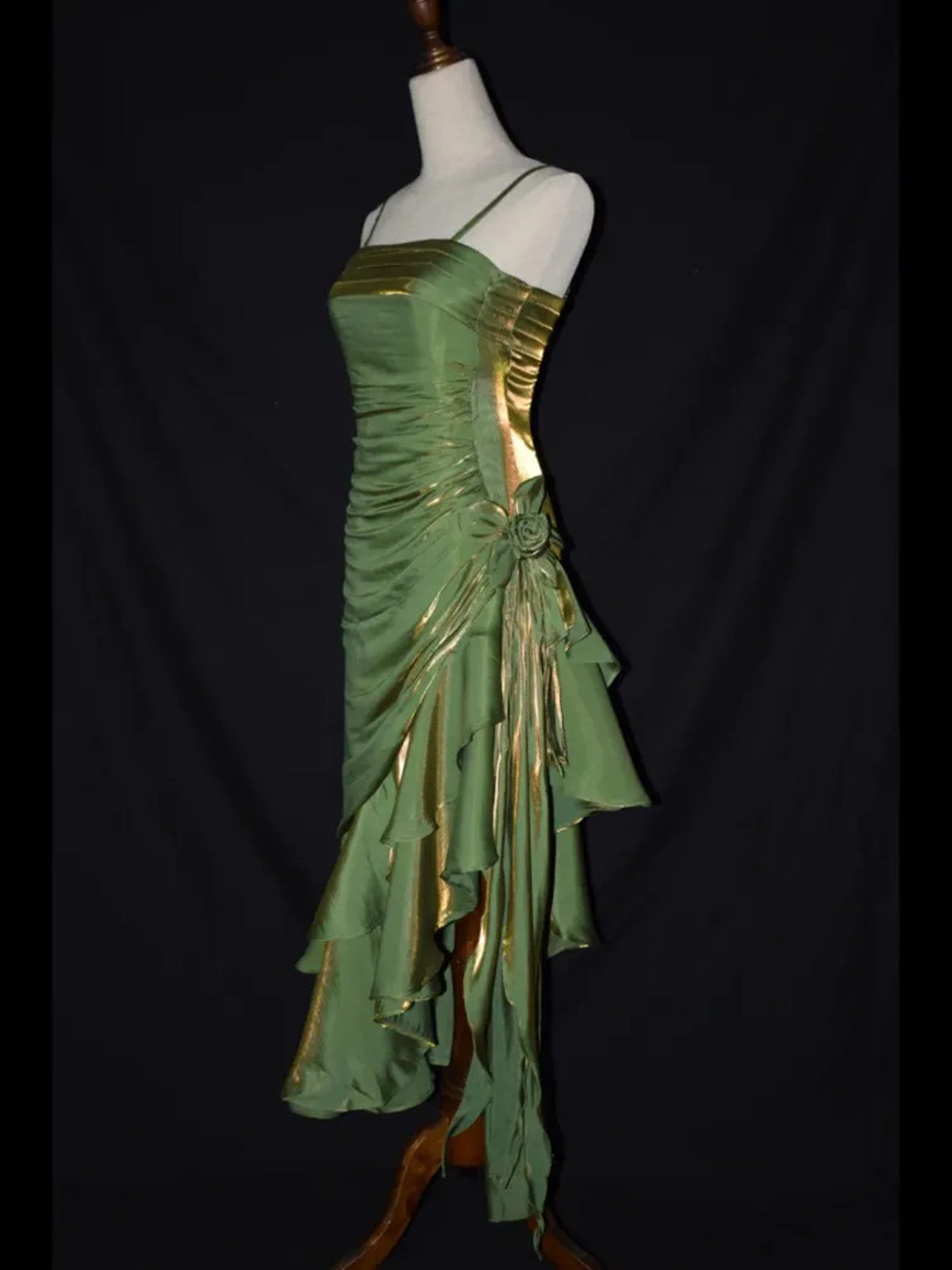 Cute Green Straps High Low Satin Chic Party Dress, Green Prom Dress Evening Dress