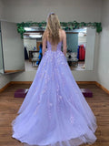 Light Purple Scoop Lace-up Tulle with Lace Party Dress, Light Purple Prom Dress