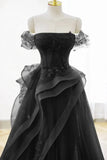 A-line Black Off Shoulder Tulle with Lace Party Dress, Black Tulle Prom Dress