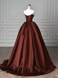 Brown Satin Strapless Long Formal Dress Evening Dress, Brown Satin Prom Dress
