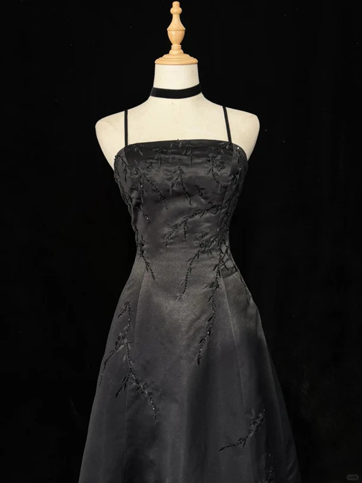 Black A-line Straps Beaded Floor Length Party Dress, Black Satin Long Prom Dress