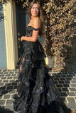 A-line Black Off Shoulder Layers Long Prom Dress, Black Lace Party Dress Formal Dress