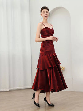Mermaid Straps Wine Red Long Evening Dress Formal Dress, Wine Red Satin Prom Dress
