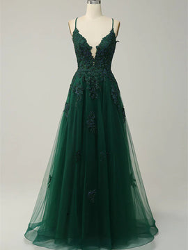 A-line Green Tulle with Lace Applique Long Prom Dress, Green Tulle Evening Dress