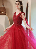 Wine Red V-neckline Tulle Beaded A-line Prom Dress, Wine Red Floor Length Party Dress