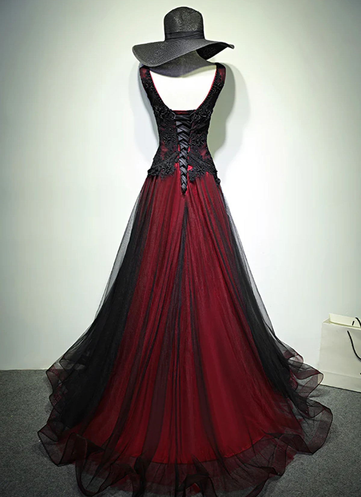 A-line Black and Red Tulle with Lace Floor Length Prom Dress, Black and Red Evening Gown