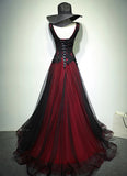 A-line Black and Red Tulle with Lace Floor Length Prom Dress, Black and Red Evening Gown