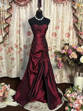 Wine Red Taffeta Scoop Long Formal Dress, Wine Red Taffeta A-line Prom Dress Evening Dress