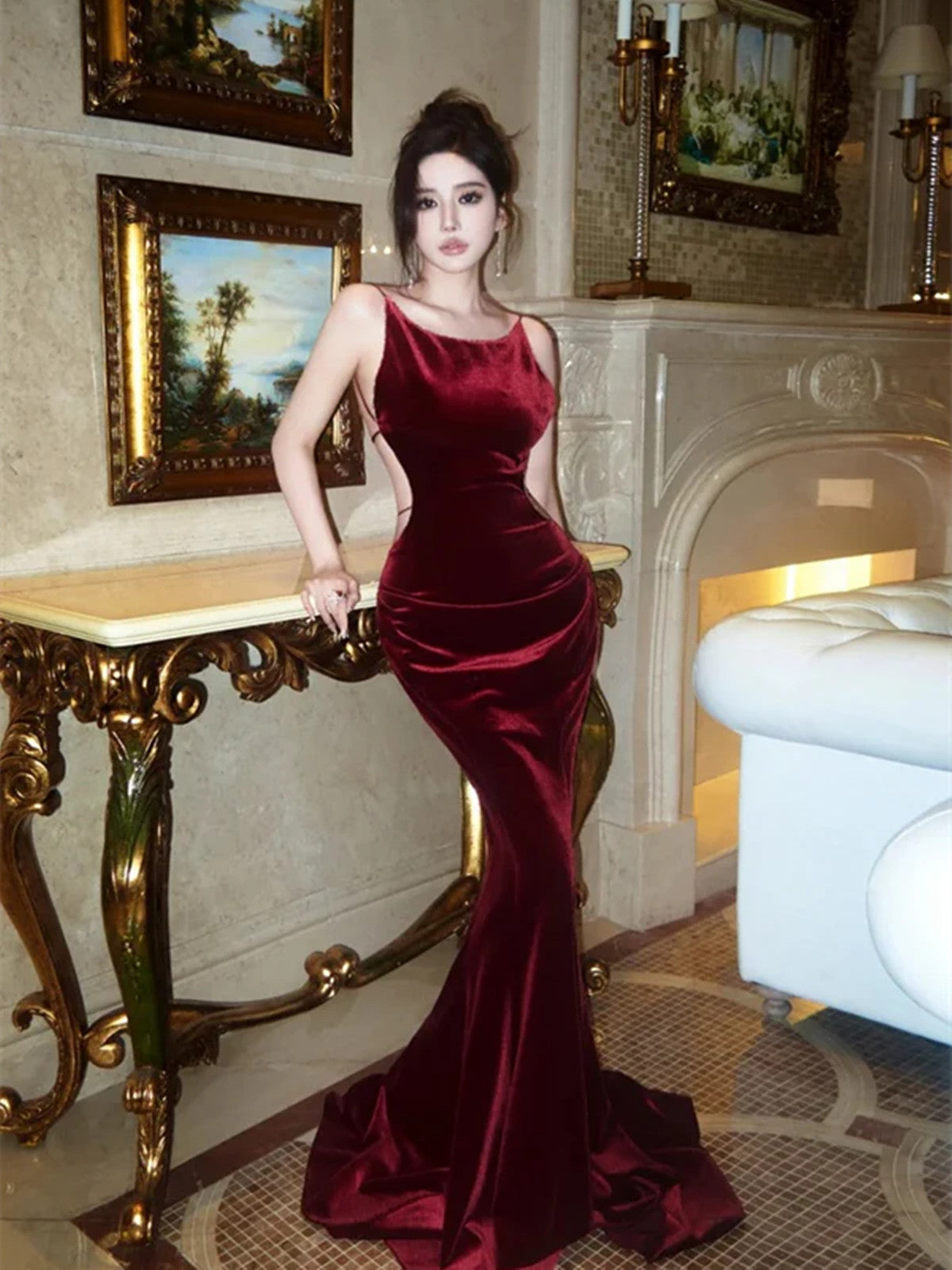 Wine Red Velvet Mermaid Backless Long Evening Dress, Wine Red Velvet Long Prom Dress