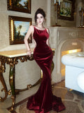 Wine Red Velvet Mermaid Backless Long Evening Dress, Wine Red Velvet Long Prom Dress