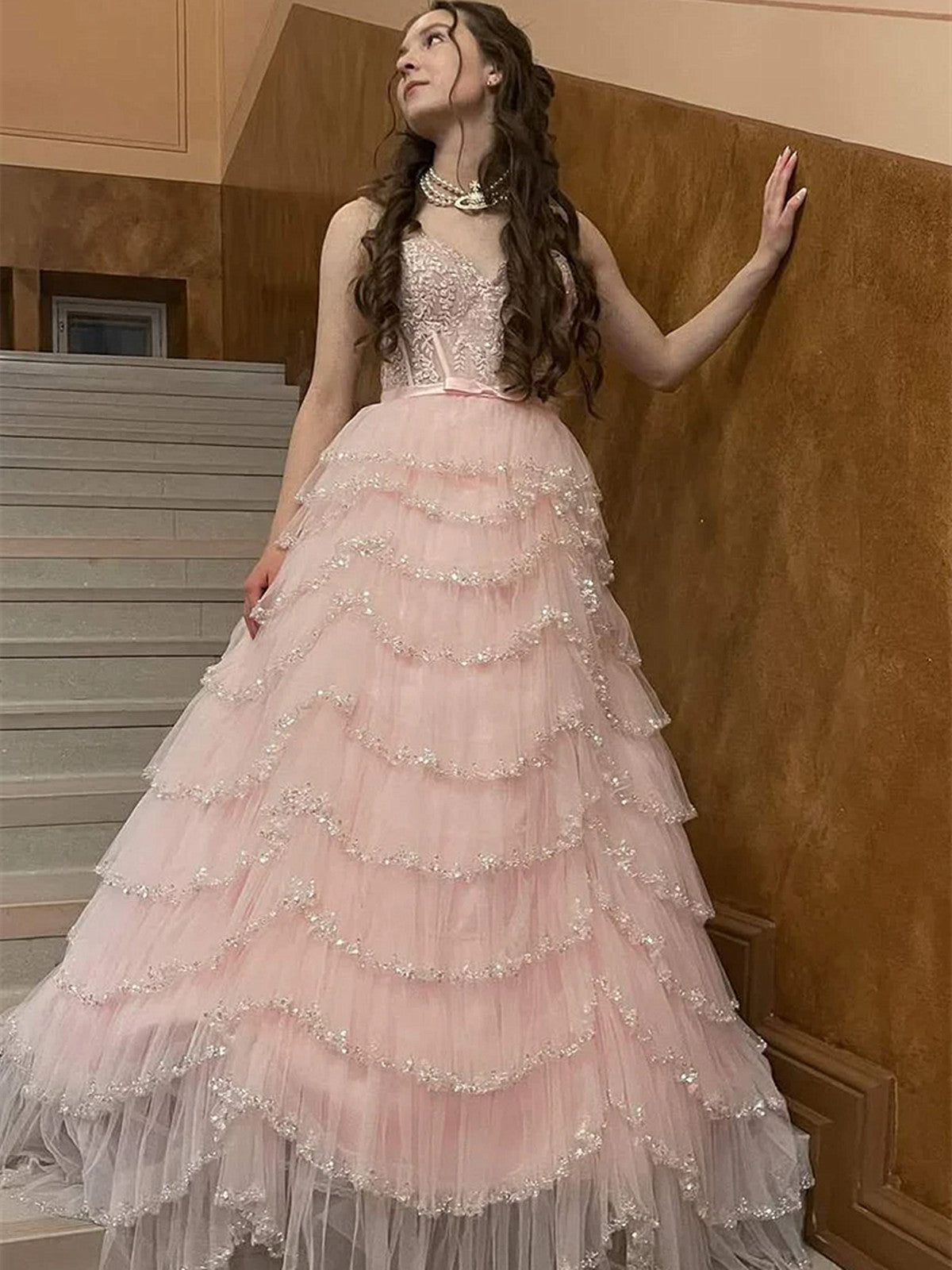 A-line Pink Fairy Sweetheart Layers Long Prom Dress, Pink Long Evening Dress Party Dress