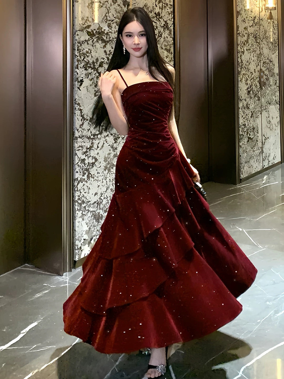 Wine Red Velvet Straps Prom Dress Party Dress, Wine Red Long Evening Dress Formal Dress