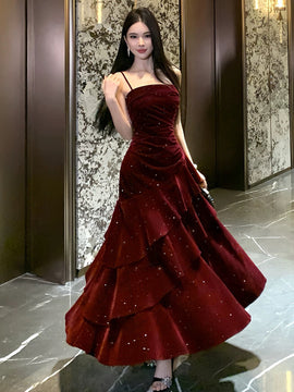 Wine Red Velvet Straps Prom Dress Party Dress, Wine Red Long Evening Dress Formal Dress