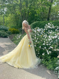 Light Yellow Tulle with Lace Applique Prom Dress, Light Yellow Party Dress Evening Dress