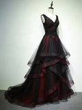 Black and Red Gothic Prom Dress, V-neckline Beaded Lace Long Evening Dress Formal Dress