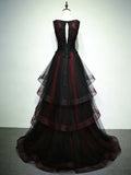 Black and Red Gothic Prom Dress, V-neckline Beaded Lace Long Evening Dress Formal Dress