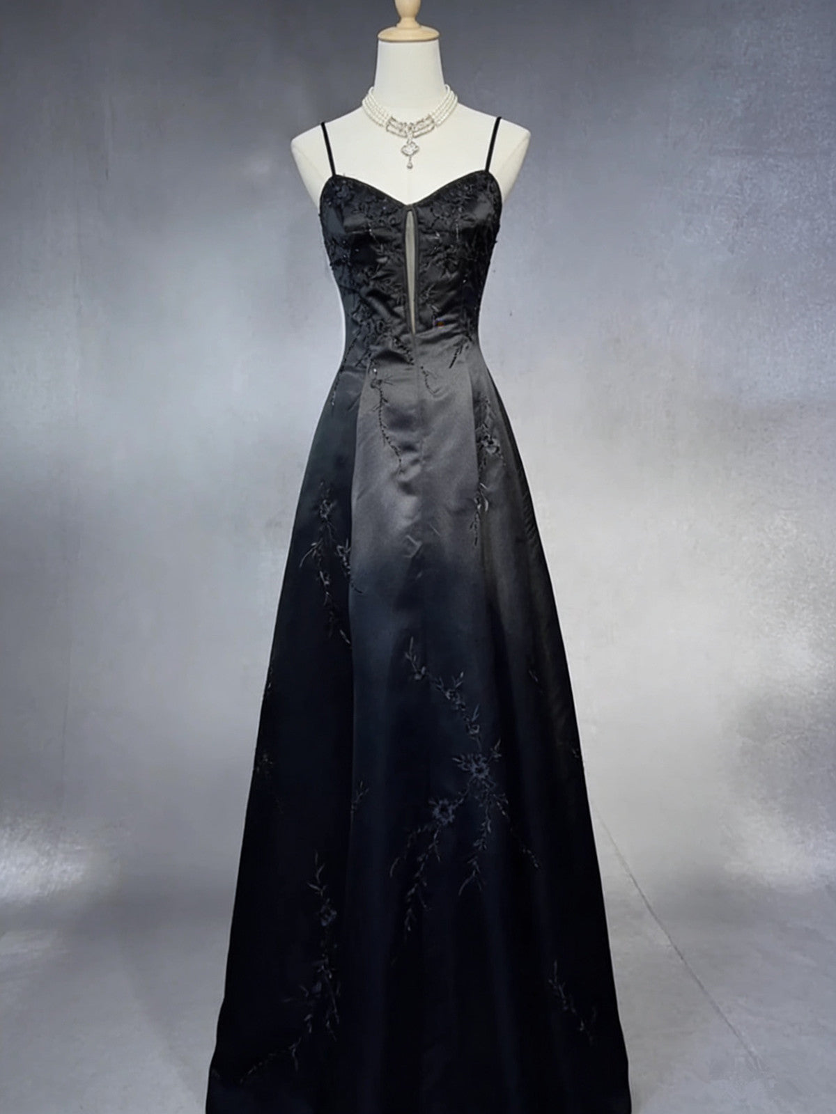 A-line Black Satin Embroidery Floor Length Party Dress, Black Long Prom Dress