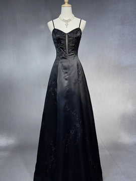 A-line Black Satin Embroidery Floor Length Party Dress, Black Long Prom Dress