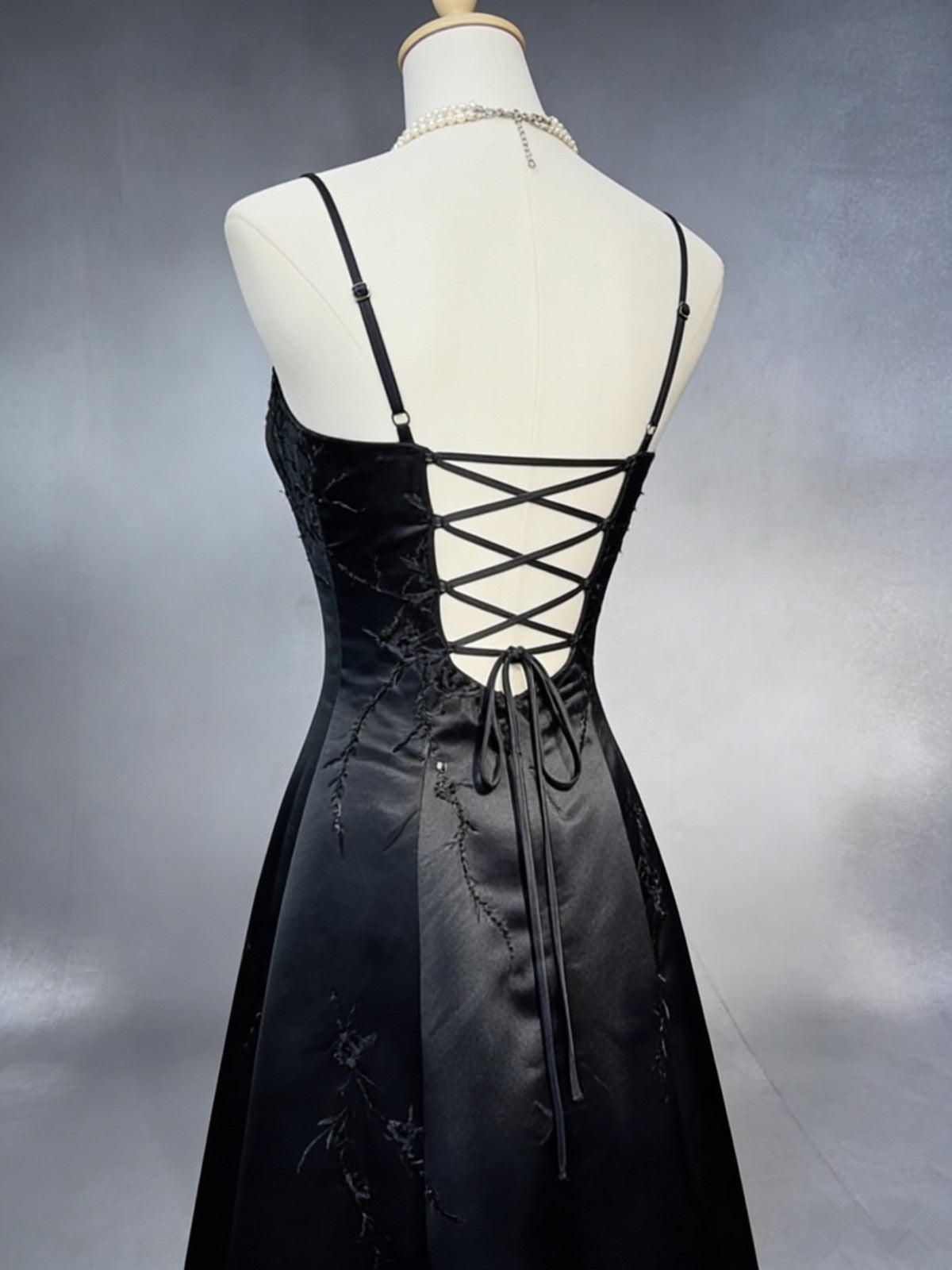 A-line Black Satin Embroidery Floor Length Party Dress, Black Long Prom Dress