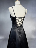 A-line Black Satin Embroidery Floor Length Party Dress, Black Long Prom Dress