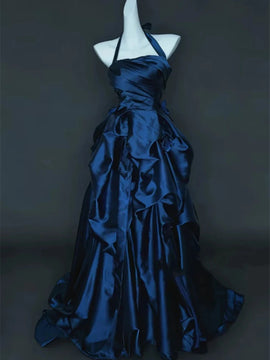 Navy Blue Taffeta Halter Ruffled Prom Dress, Navy Blue A-line Party Dress Evening Dress
