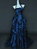 Navy Blue Taffeta Halter Ruffled Prom Dress, Navy Blue A-line Party Dress Evening Dress