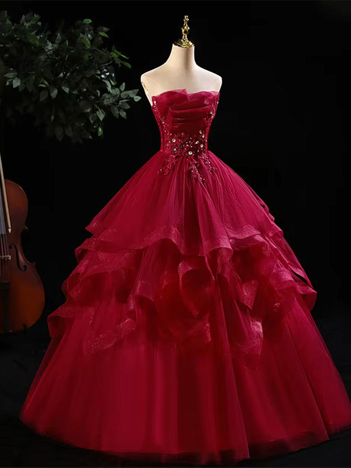 Wine Red Tulle A-line Floor Length Prom Dress, Wine Red Beaded Long Evening Dress Party Dress